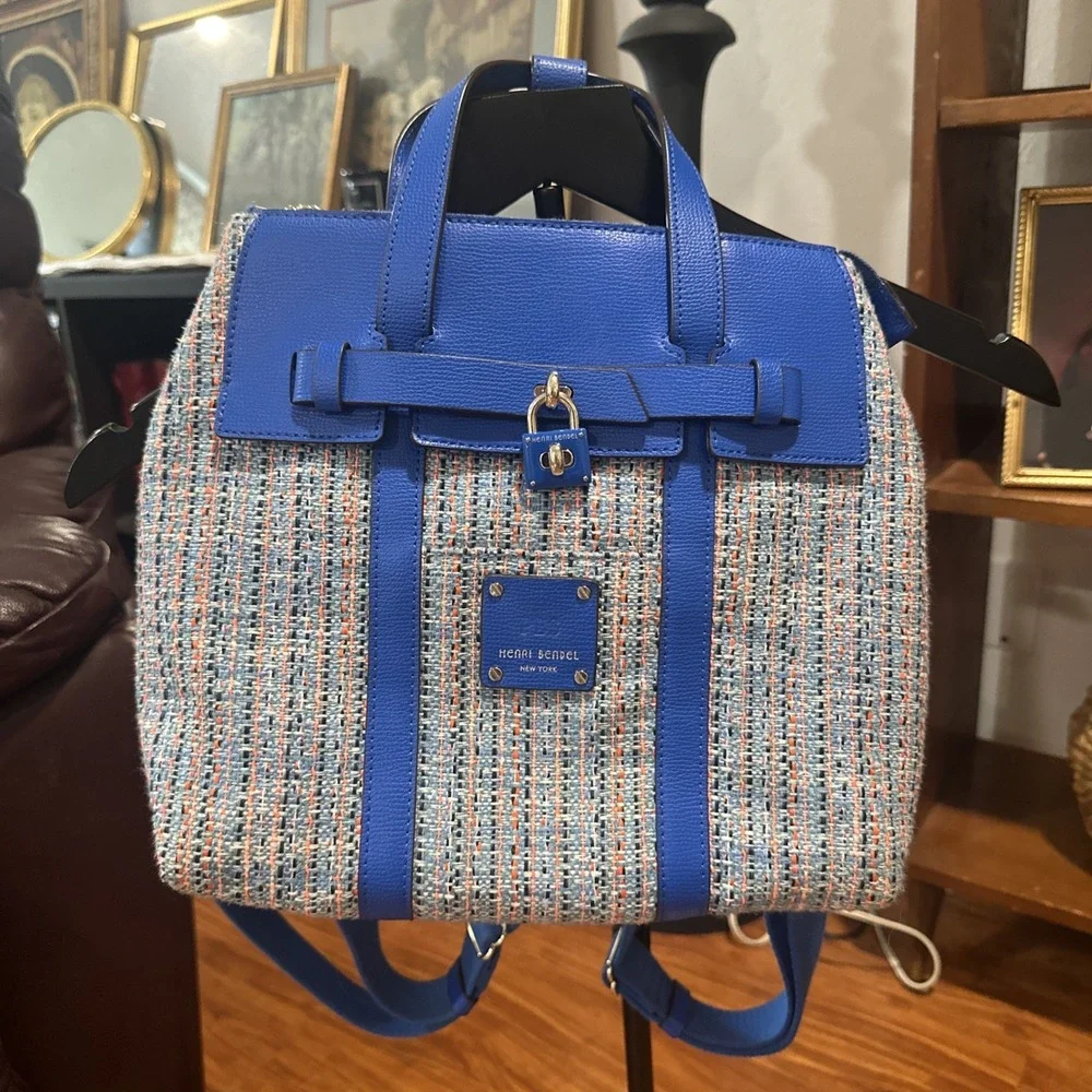 HENRI BENDEL Large Blue Leather Tweed Jetsetter Convertible Backpack Bag Preppy